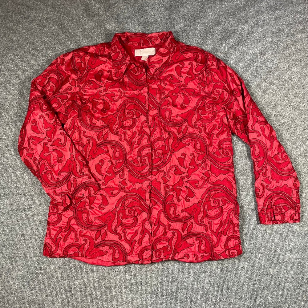 Vintage Concept Embroidered Silk Top Womens Sz 3 Red Coral Scroll Aquatic Jacket